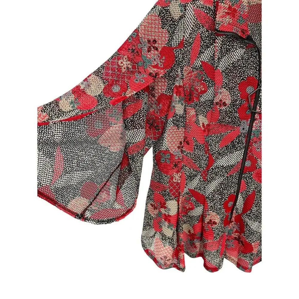 IC By Connie K Jacket Topper Red Floral Zip Front 3/4 Sleeves Size Large